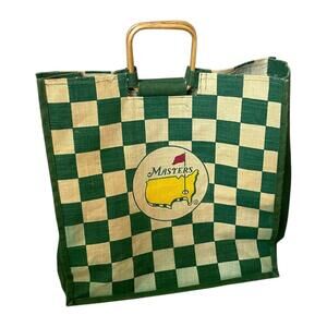 Augusta National Masters Jute Tote Bag Bamboo Handles Checkered Green
